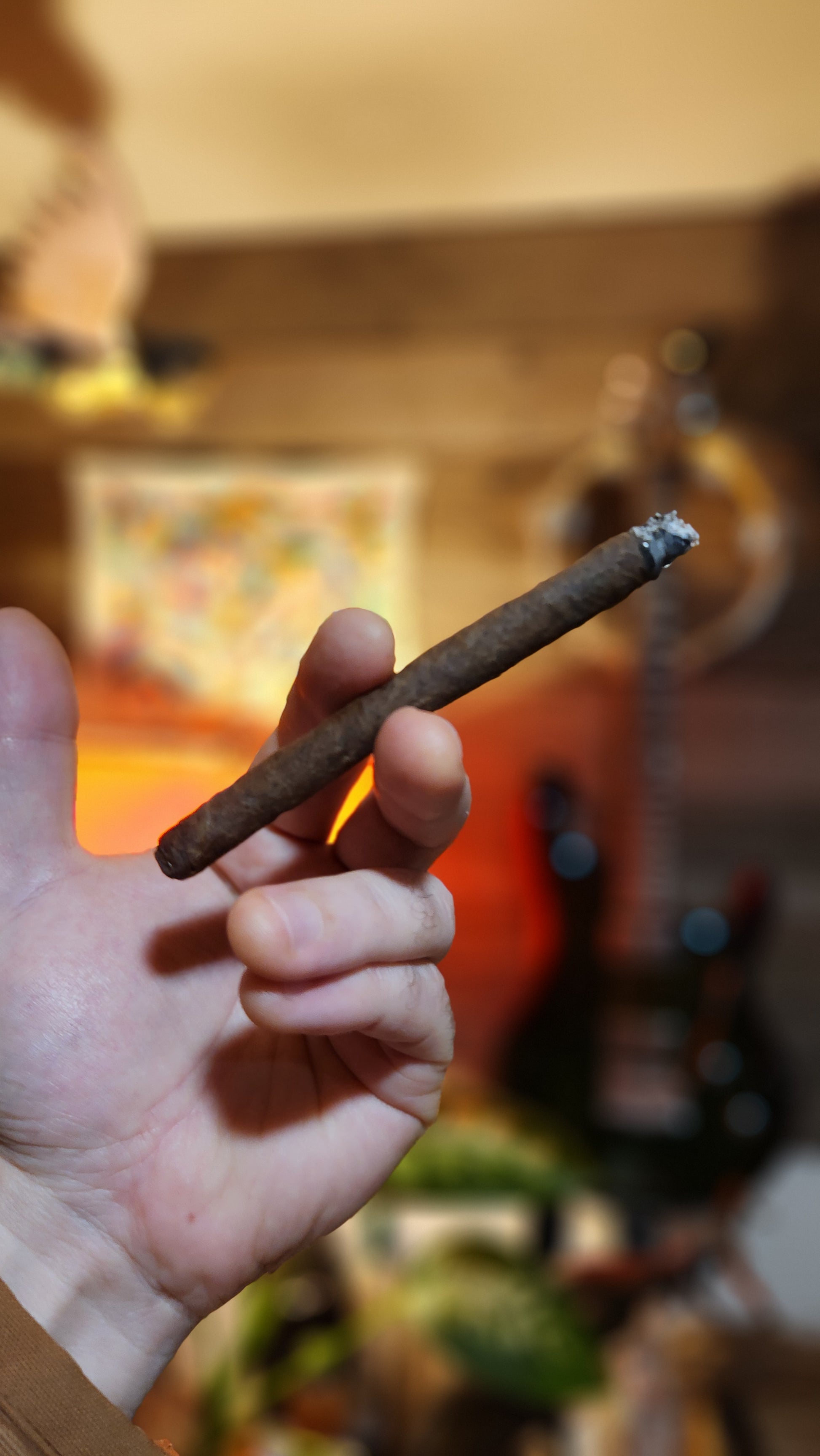 A lit cigar held between fingers with a blurred background